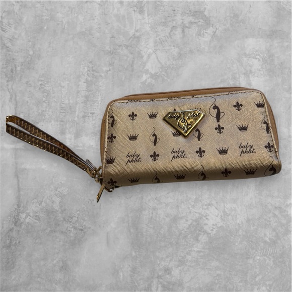 Baby Phat Zip Around Wallet Wristlet Gold Logo Print Faux Leather - Picture 3 of 6